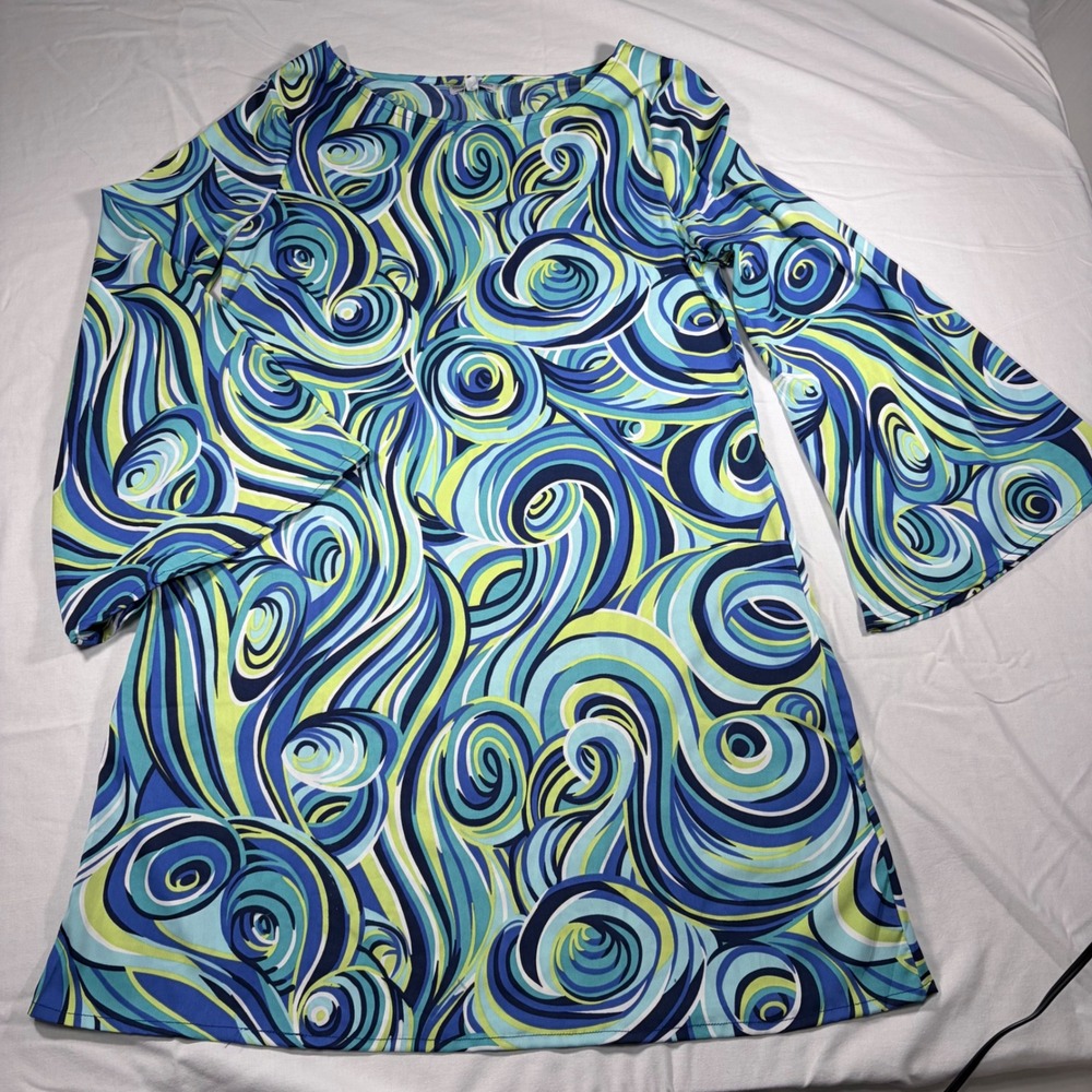 Buckhead Betties Womens Brooklyn Dress XL Blue Green Swirl Mod Bell Sleeve NWT
